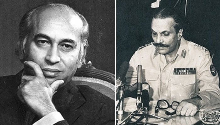 1977 کے عام انتخابات میں بھٹو کی پیپلز پارٹی 200 میں سے 150 نشستیں جبکہ نیشنل الائنس صرف 36 نشستیں جیت پائی، دھاندھلی کا الزام لگا کر پی این اے کے لیڈر اصغر خان نے آرمی چیف کو مداخلت کا خط لکھا— فوٹو: فائل