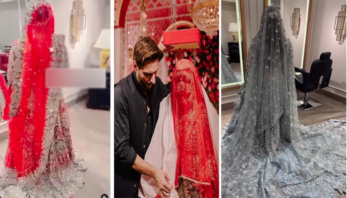 بارات کے روز اقصیٰ آفریدی کے لال عروسی لہنگے پر گولڈن اور سلور سے مزین خوبصورت کام نے چار چاند لگادیے/ فوٹو سوشل میڈیا