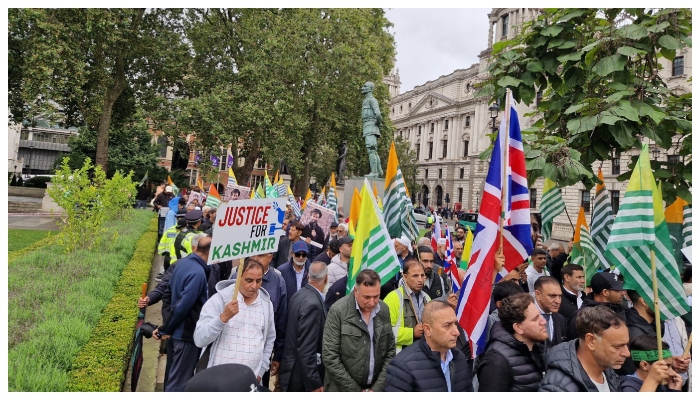 یوم استحصال کشمیرپر سینٹرل لندن میں احتجاجی مظاہرہ کیا گیا جس میں سیکڑوں افراد نے شرکت کی__فوٹو: ٹوئٹر