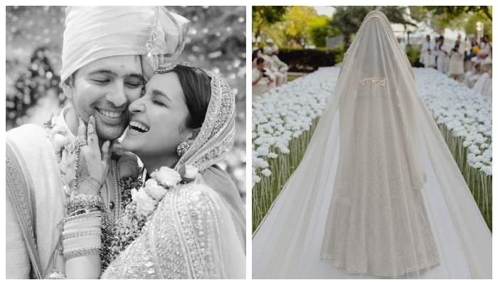 پرینیتی نے شادی پر گولڈ اور آف وائٹ رنگ کے عروسی جوڑے کا انتخاب کیا جب کہ دلہا آف وائٹ رنگ کی شیروانی میں دکھائی دیا__فوٹو: انسٹاگرام/پرینیتی چوپڑا