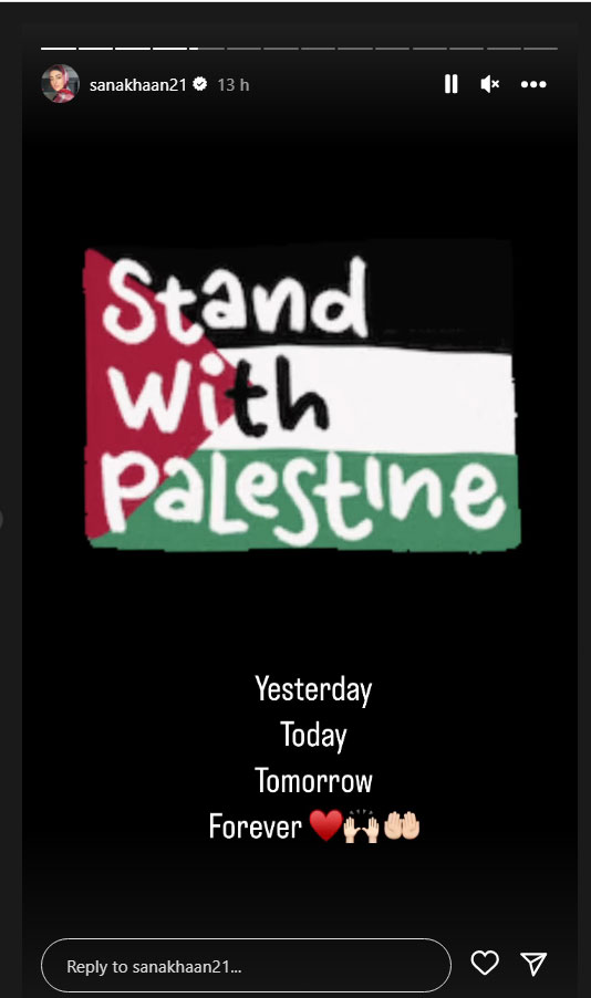 ’ہمیشہ فلسطین کے ساتھ ہوں‘، ثنا خان بھی اسرائیلی جارحیت پر بول پڑیں