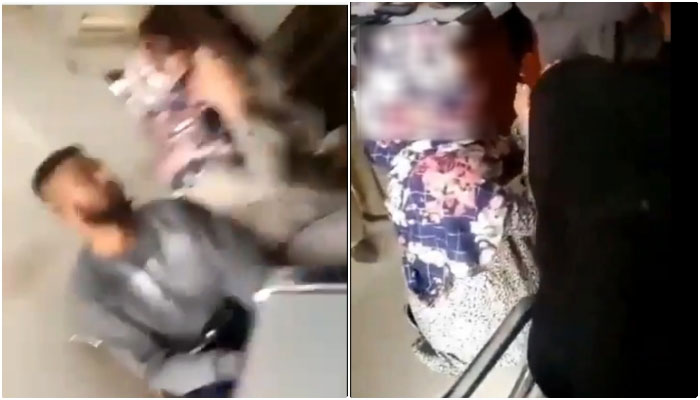 گزشتہ روز سوشل میڈیا پر ایک ویڈیو وائرل ہوئی تھی جس میں خاتون تھانے میں زمین پر گرے ہوئے کے الیکٹرک عملے سے معافی مانگ رہی ہیں— فوٹو: اسکرین گریب