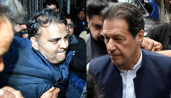 اڈیالہ جیل میں سماعت کے دوران بانی پی ٹی آئی عمران خان اور استحکام پاکستان پارٹی کے رہنما فواد چوہدری کمرہ عدالت میں موجود تھے/ فائل فوٹو