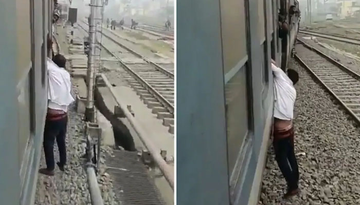بھارتی ریاست بہار میں ایک چور نے چلتی ٹرین سے مسافر کا فون چوری کرنے کی کوشش کی لیکن چور کو یہ حرکت مہنگی پڑگئی/ اسکرین گریب