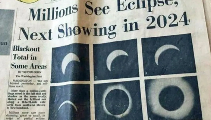 امریکی ریاست اوہائیو اخبار کی جانب سے 1970میں 2024 میں ہونے والے مکمل سورج گرہن کی پیشگوئی کی گئی تھی/ فوٹو سوشل میڈیا