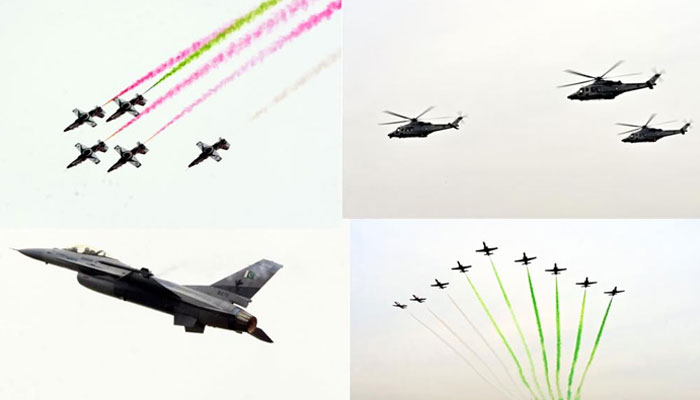 پریڈ میں جنگی ہتھیاروں کی نمائش کے ساتھ ساتھ پاکستان ائیرفورس کے جدید ترین طیارے فلائی پاسٹ کا مظاہرہ کیا— فوٹو: پی آئی ڈی